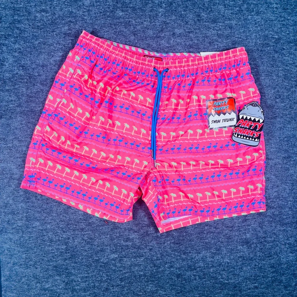 Party Sharks Mens XL Swim Trunks Pink Flamingo Palm Tree Quick Dry Shorts 6.5 In